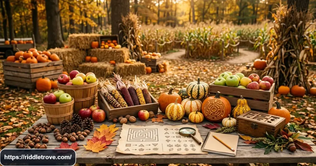 Medium autumn riddles scene with colorful leaves, acorns, apples, and pumpkins