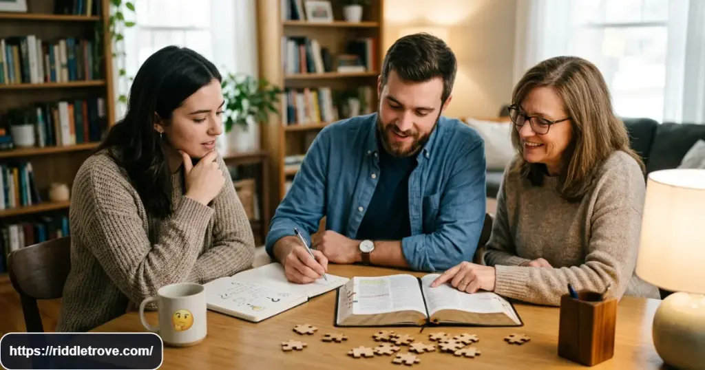 Person solving medium Bible riddles beside an open Bible with puzzle and question-mark elements.