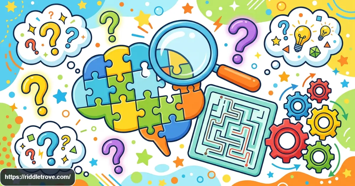 Medium brain teaser riddles with puzzles, gears, and question marks