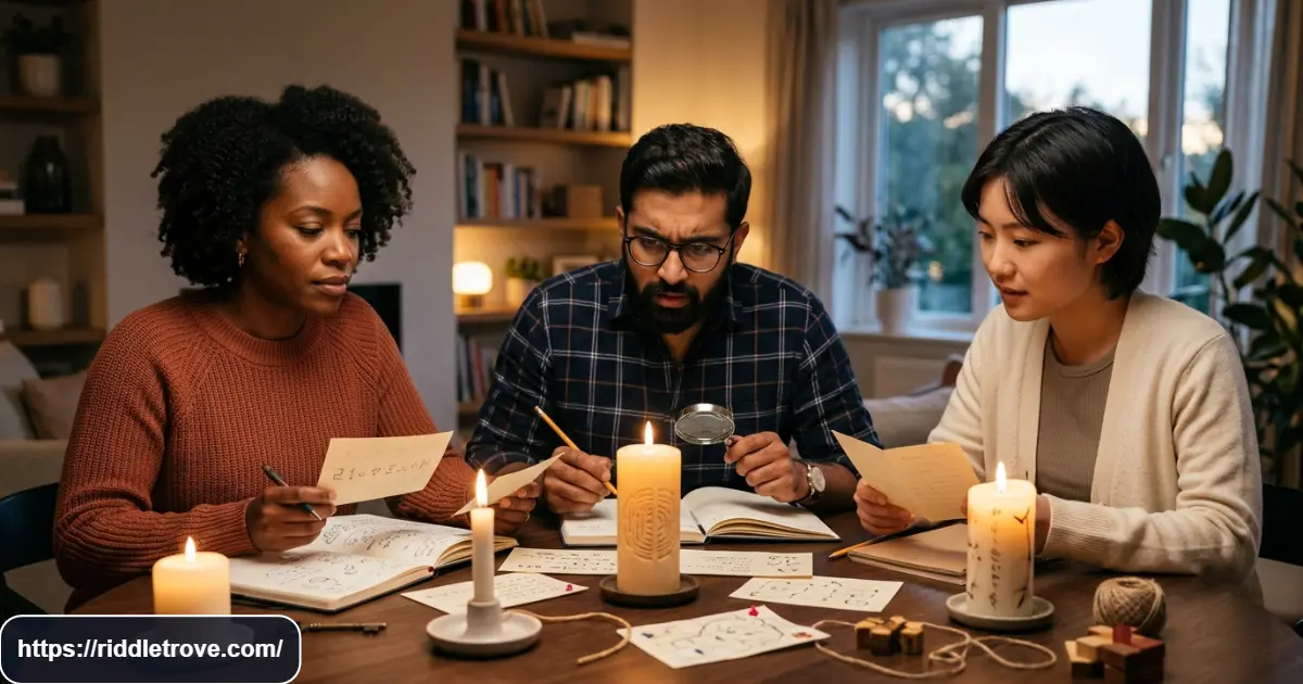 Adults and kids solving medium candle riddles with candles, clues, and notebooks