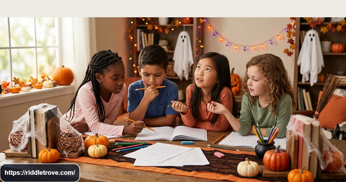 Kids solving medium Halloween riddles with pumpkins, ghosts, and spooky decorations