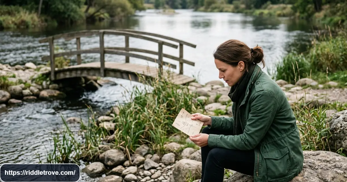 Person solving medium river riddles beside flowing water and river stones
