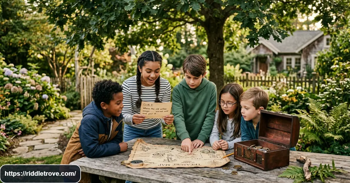 Children solving medium treasure hunt riddles with a map and clue cards outdoors