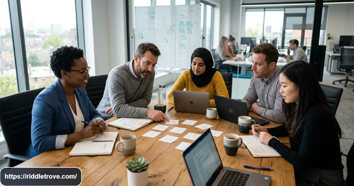 Coworkers solving medium work riddles together at an office table