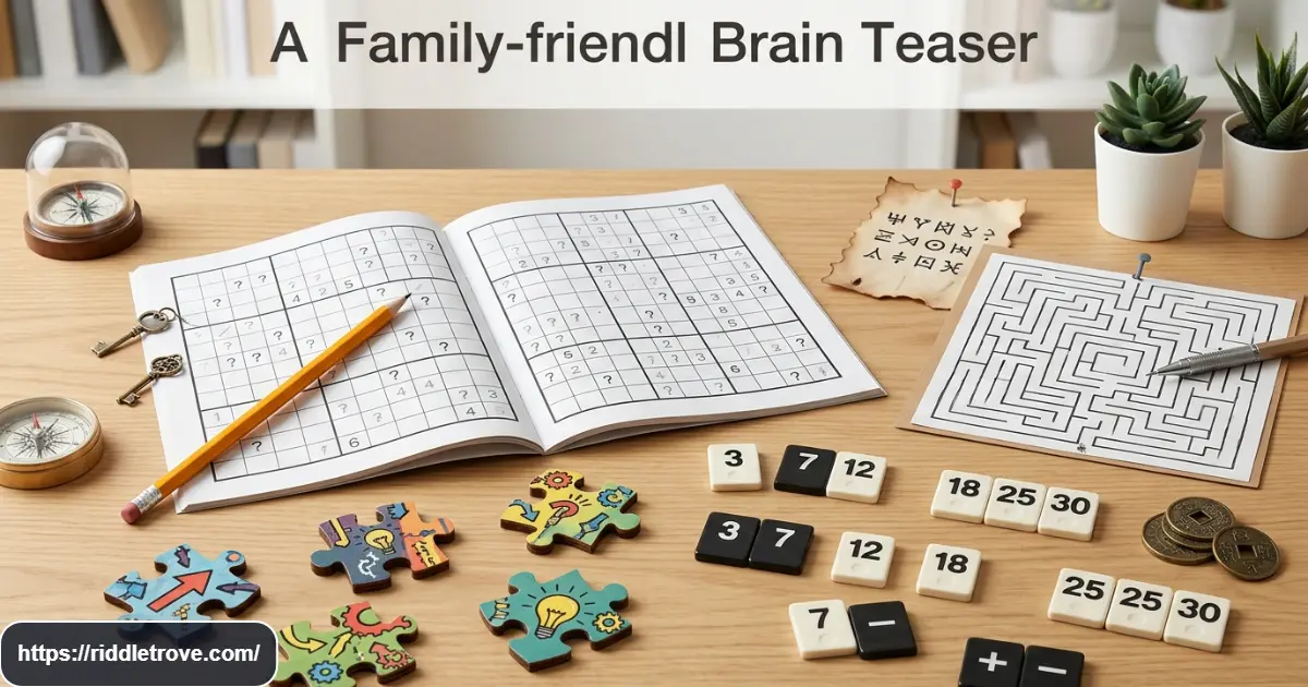 Medium and tricky brain teasers with puzzles, maze, number tiles, and logic clues