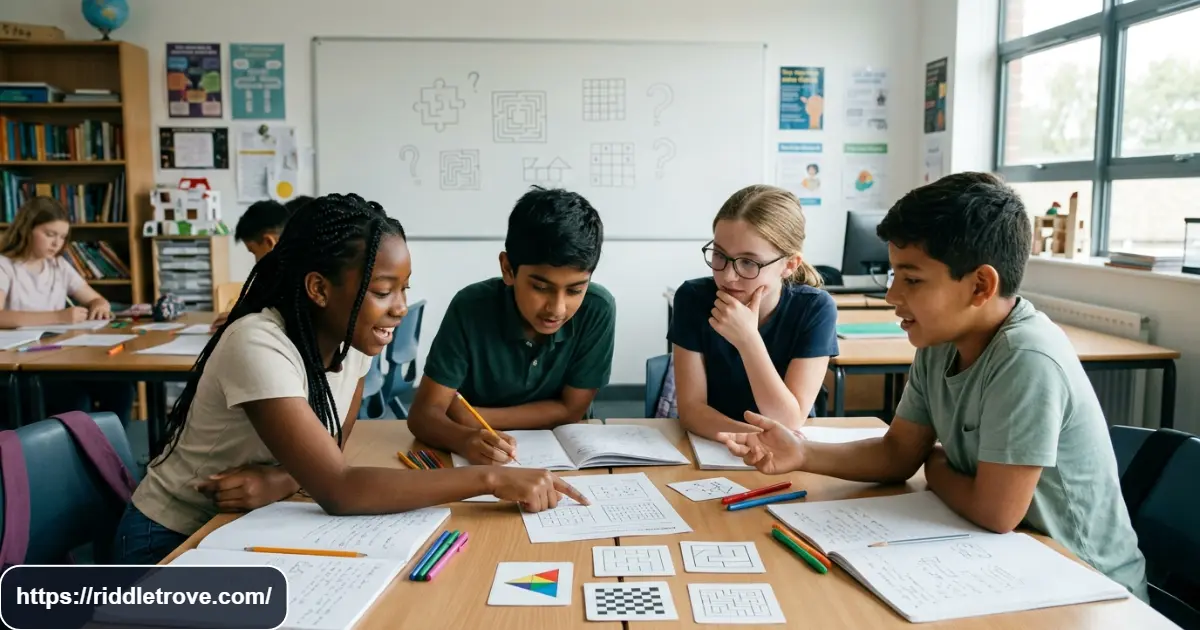 Middle school students solving clever riddles and brain teasers in a classroom