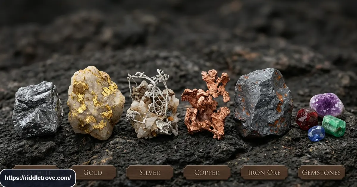 Gold silver copper graphite and gemstones representing mined materials