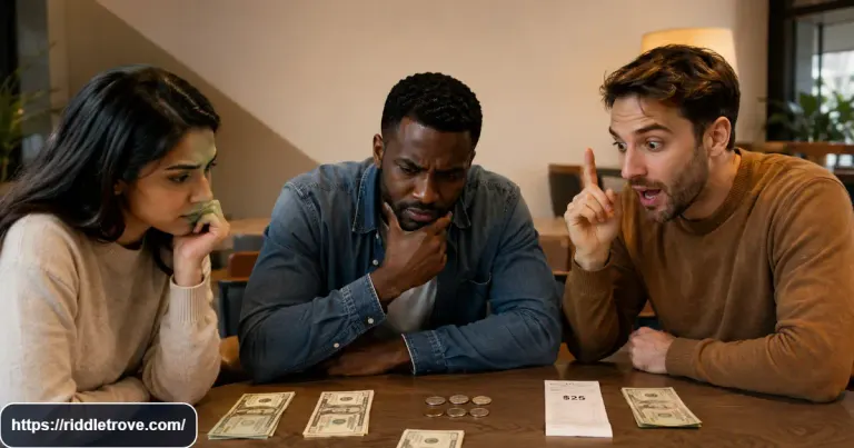 Three friends examining money while solving the missing dollar riddle