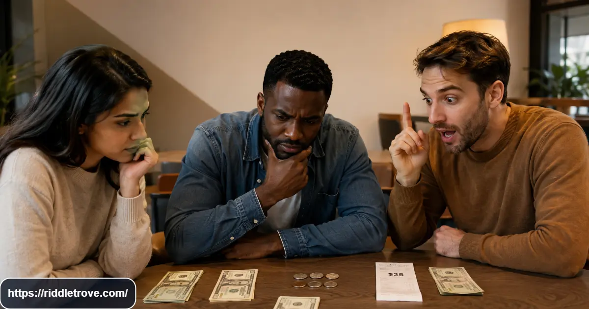 Three friends examining money while solving the missing dollar riddle