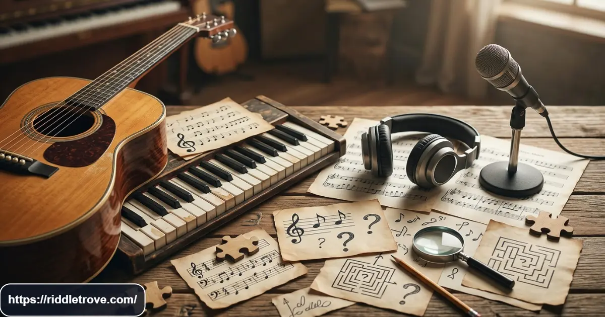 Music riddles with answers featuring instruments, notes, headphones, and puzzle clues