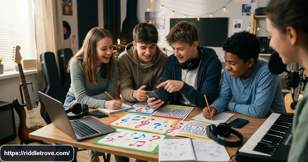 Teenagers solving music riddles with headphones and musical instruments