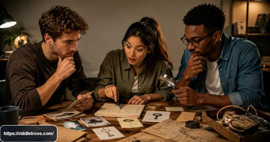 Adults solving mystery and situation brain teasers with clues, objects, and detective notes