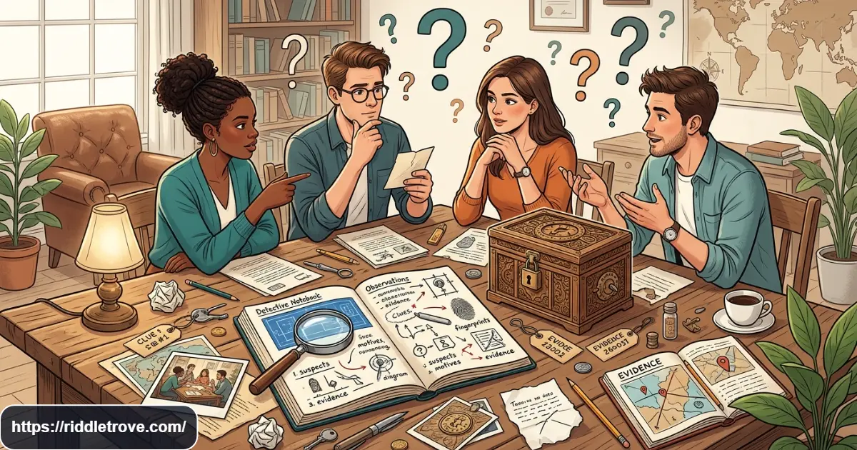People solving mystery and situation riddles with clues and detective-style puzzles