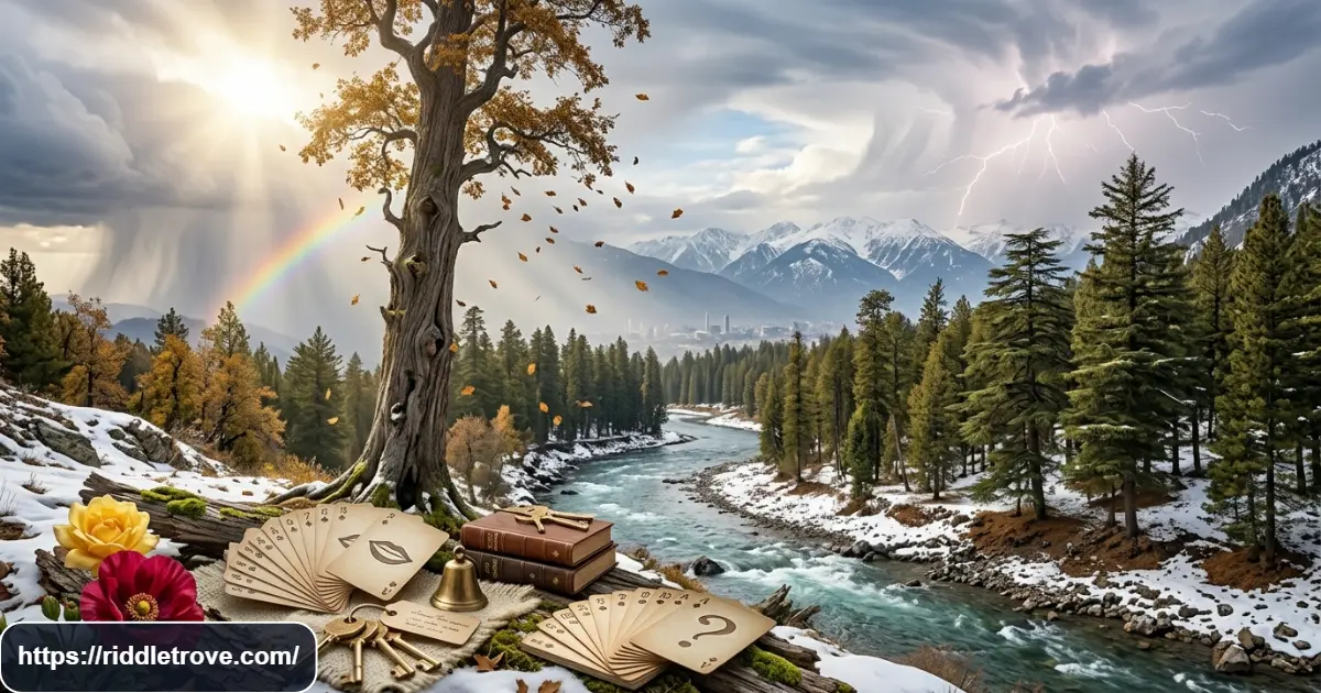 Nature scene with rain, trees, flowers, river, snow, lightning, and leaves