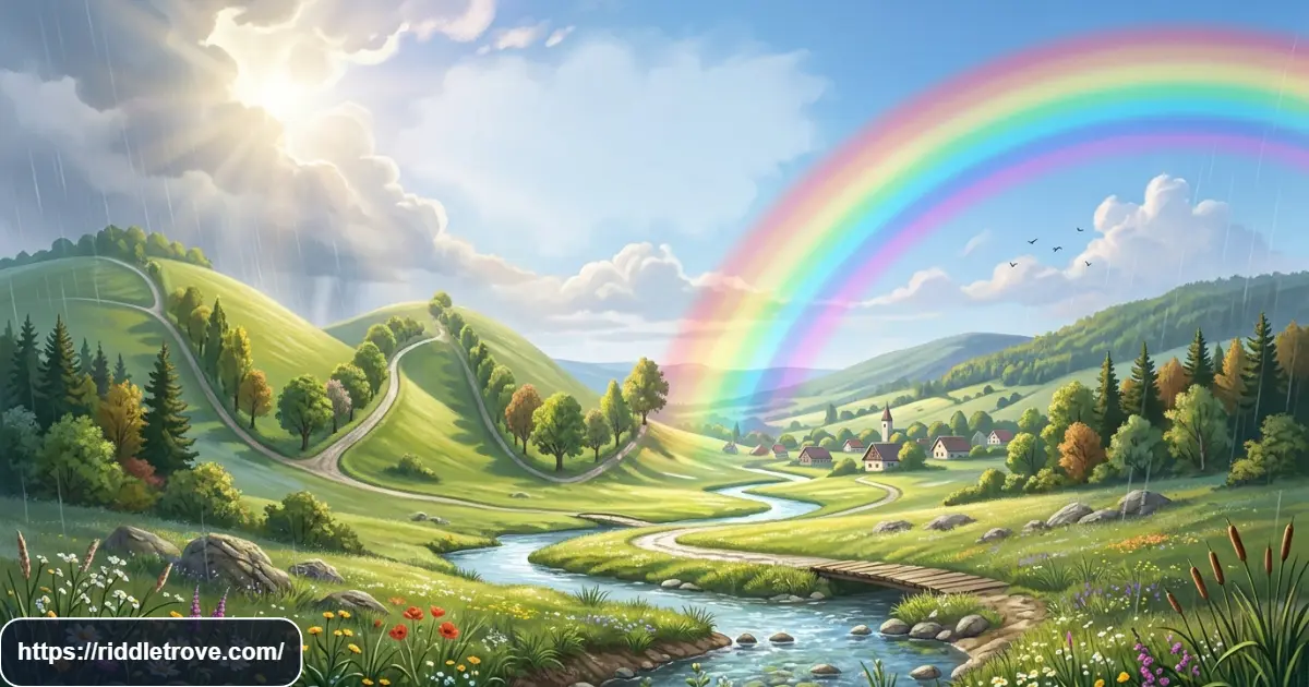 Trees flowers river and rainbow representing nature riddles