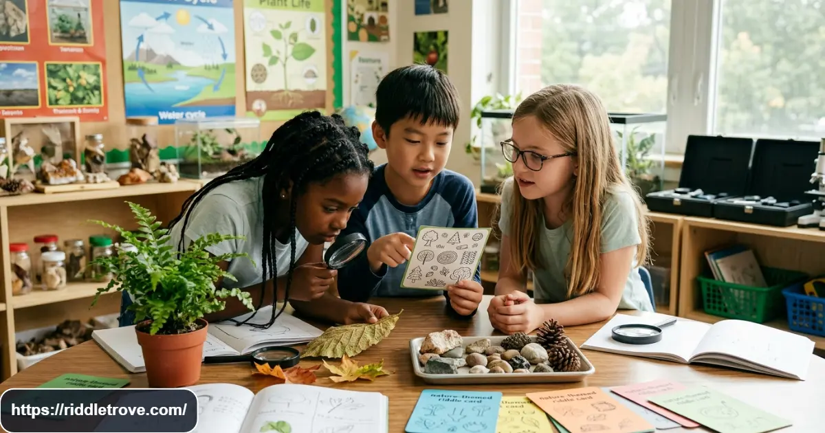 Children solving nature and science riddles beside plants and classroom specimens
