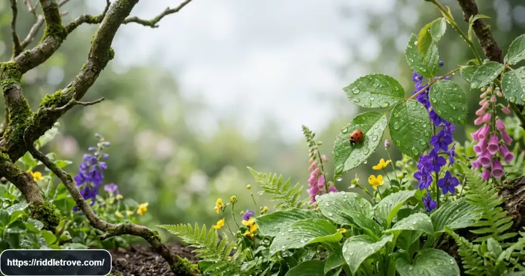 Green plants flowers trees and insects representing nature riddles