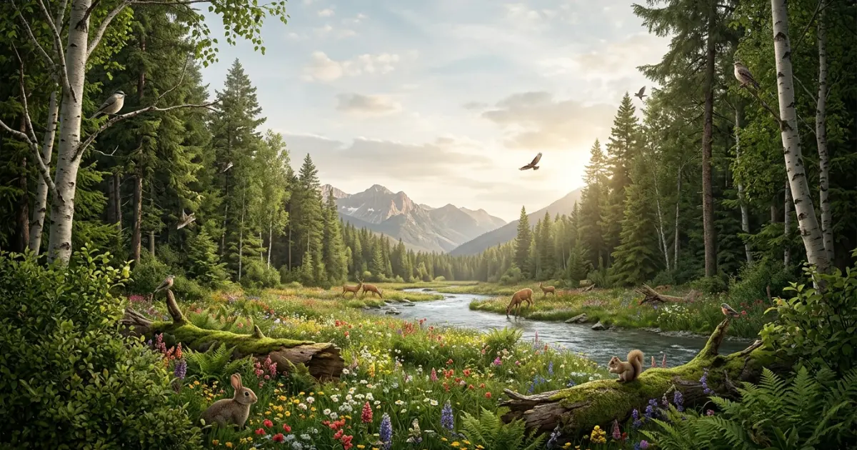 Nature riddles with answers featuring animals, trees, mountains, clouds, and a river