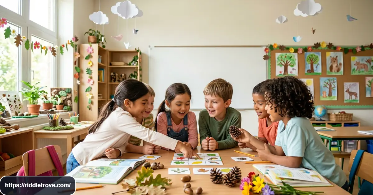 Nature-themed riddles for 2nd graders with children exploring leaves, flowers, clouds, and animals