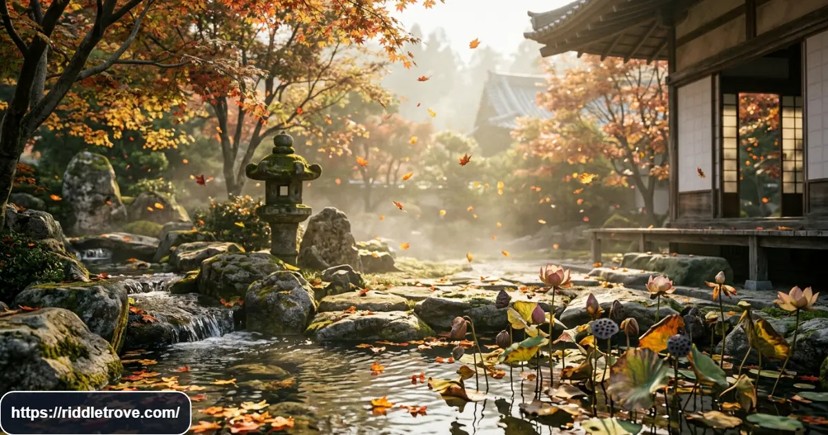 Buddhist garden with falling leaves, lotus pond, flowing water, and symbols of impermanence