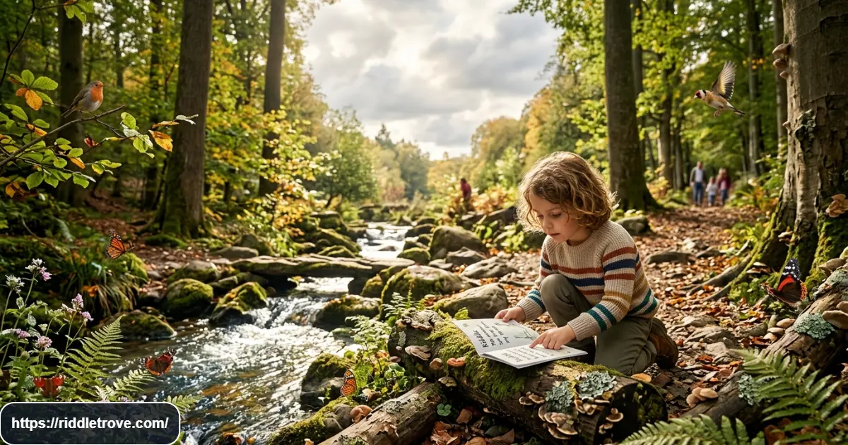 Nature and outdoor riddles featuring forests, streams, trees, animals, and playful puzzle clues