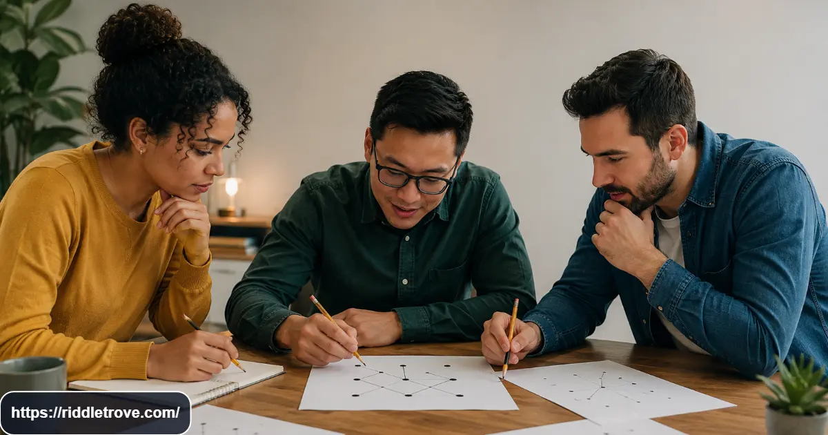 Adults solving the nine dots riddle with a nine-dot puzzle on a table