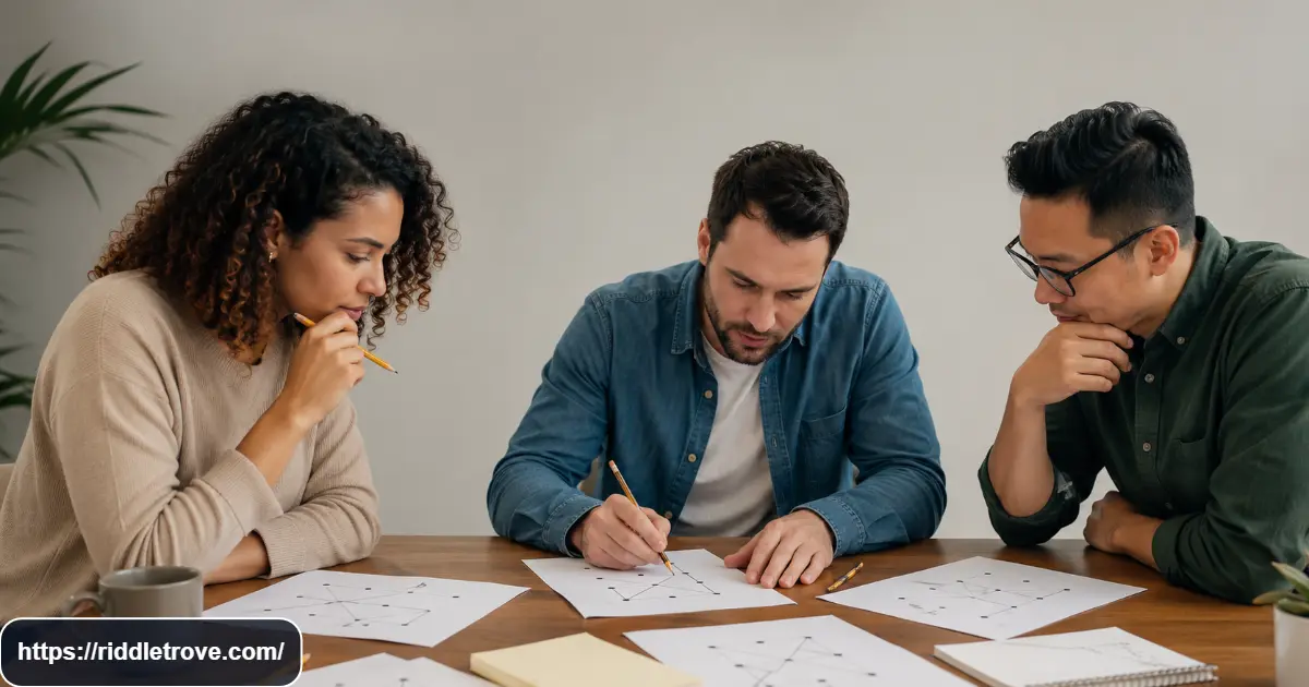 Adults solving the nine dots riddle with a nine-dot puzzle on a table