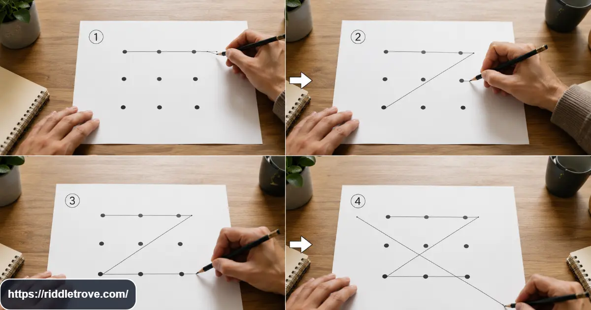 Step-by-step nine dots puzzle solution with continuous lines extending beyond the dot grid