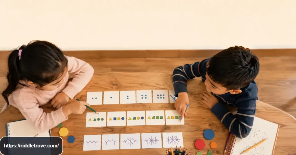 Kids discovering number patterns with colorful puzzle cards