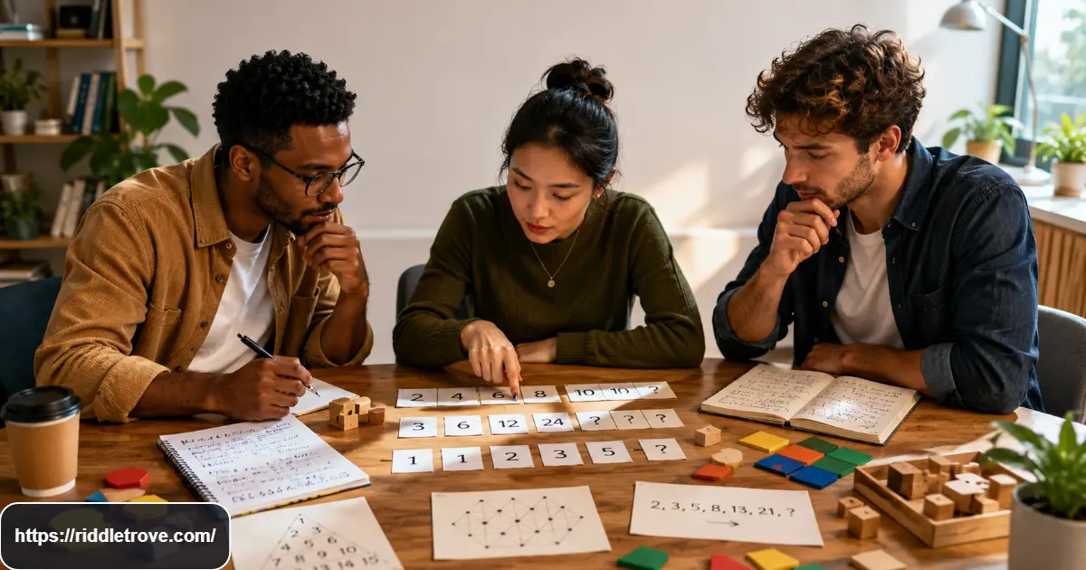 Adults solving number and pattern brain teasers with cards and geometric puzzle pieces