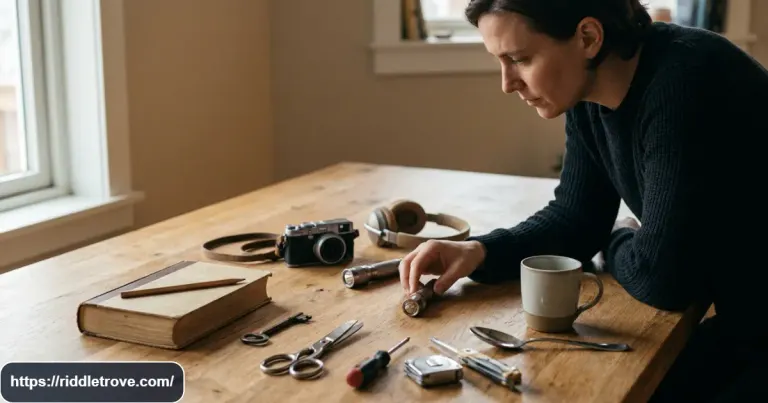 Collection of object riddles with everyday items arranged as puzzles