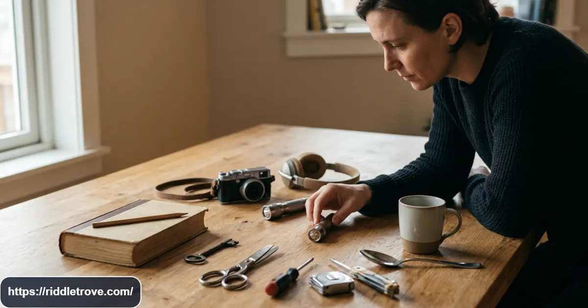 Collection of object riddles with everyday items arranged as puzzles