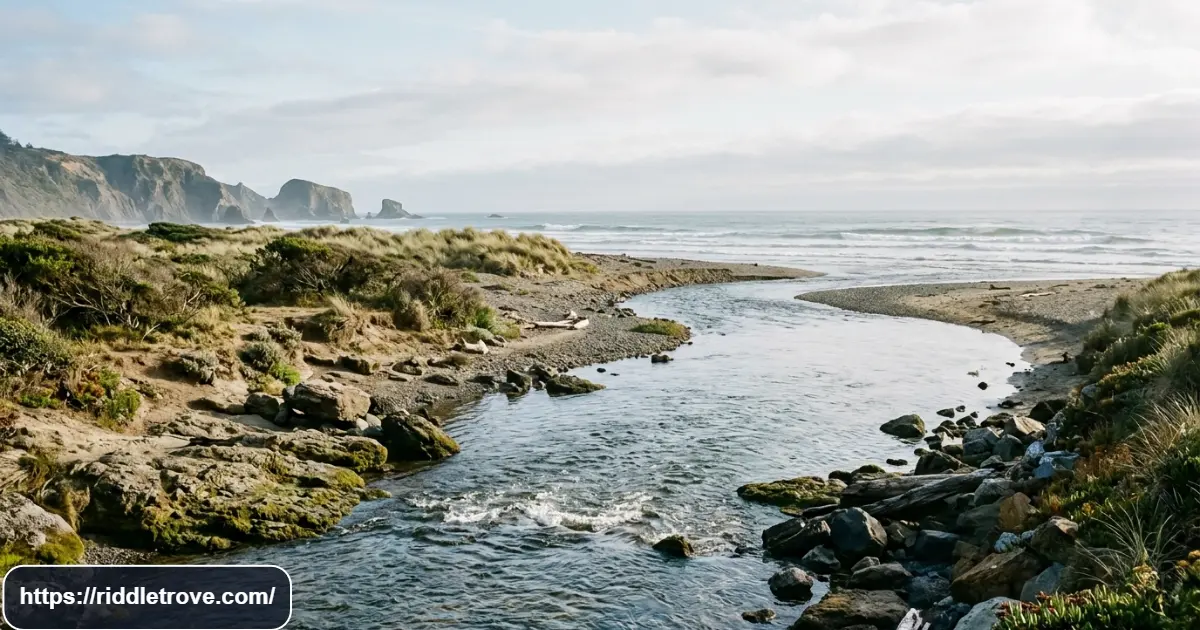 Clear river flowing toward a blue ocean with waves, rocks, and coastal scenery
