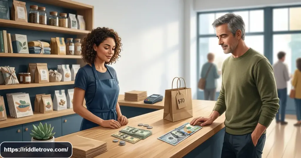 Shop counter with $100 bill and merchandise for a theft riddle