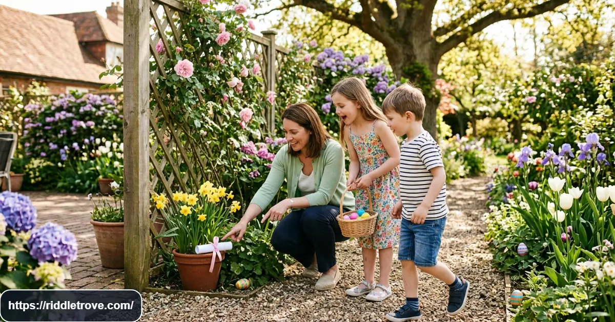 Family searching outdoors for Easter scavenger hunt clues among spring flowers