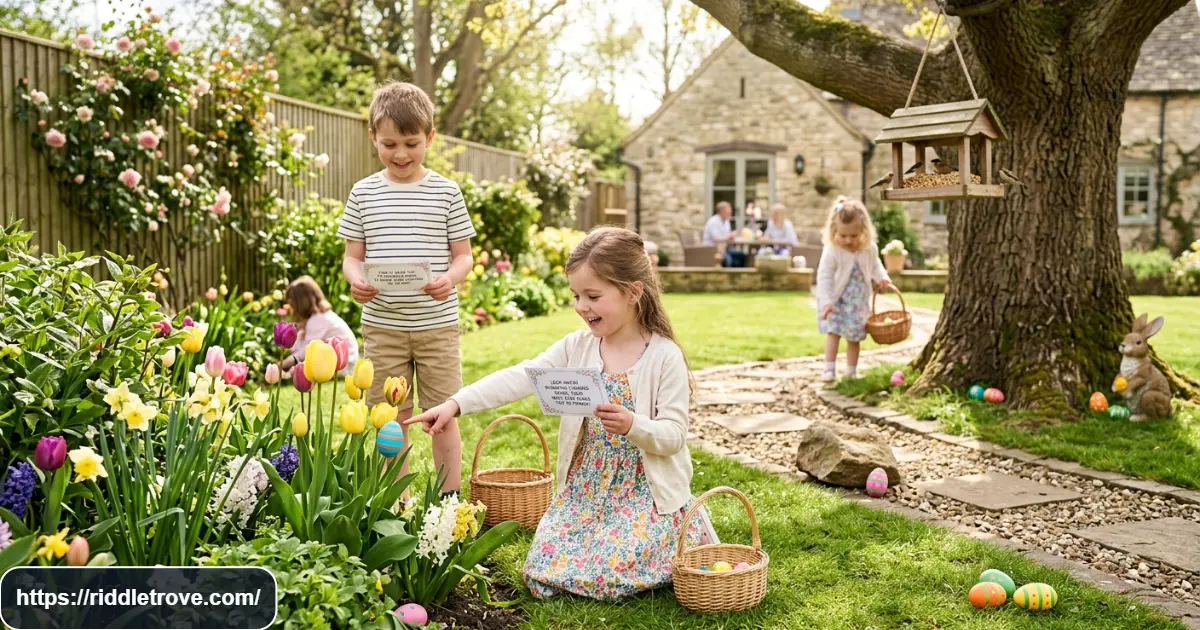 Children searching for Easter eggs and solving riddles in a sunny backyard