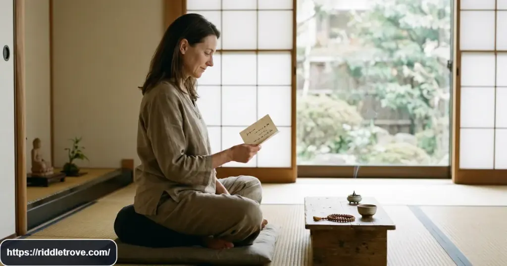 Adult reader contemplating Zen riddles beside meditation cushions
