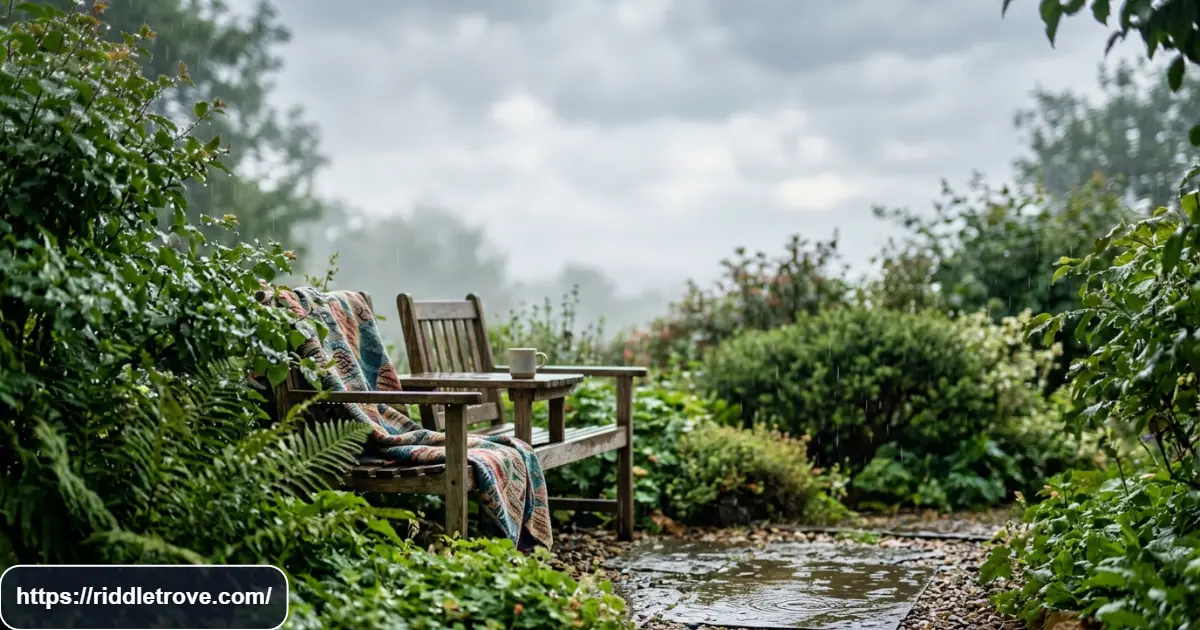 Rain and drizzle falling over green leaves and puddles beneath cloudy skies