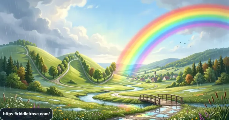Colorful rainbow with the letter W highlighted as the riddle answer