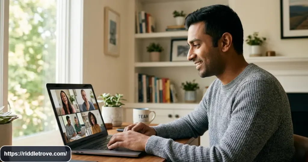 Remote coworkers solving a workplace riddle together during a virtual team meeting