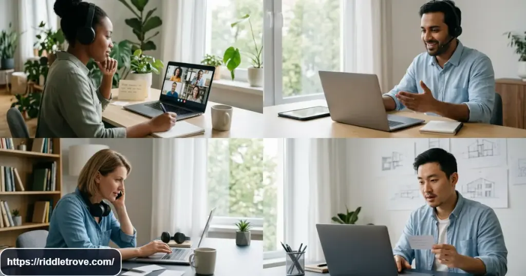 Remote coworkers solving work riddles during a virtual team challenge