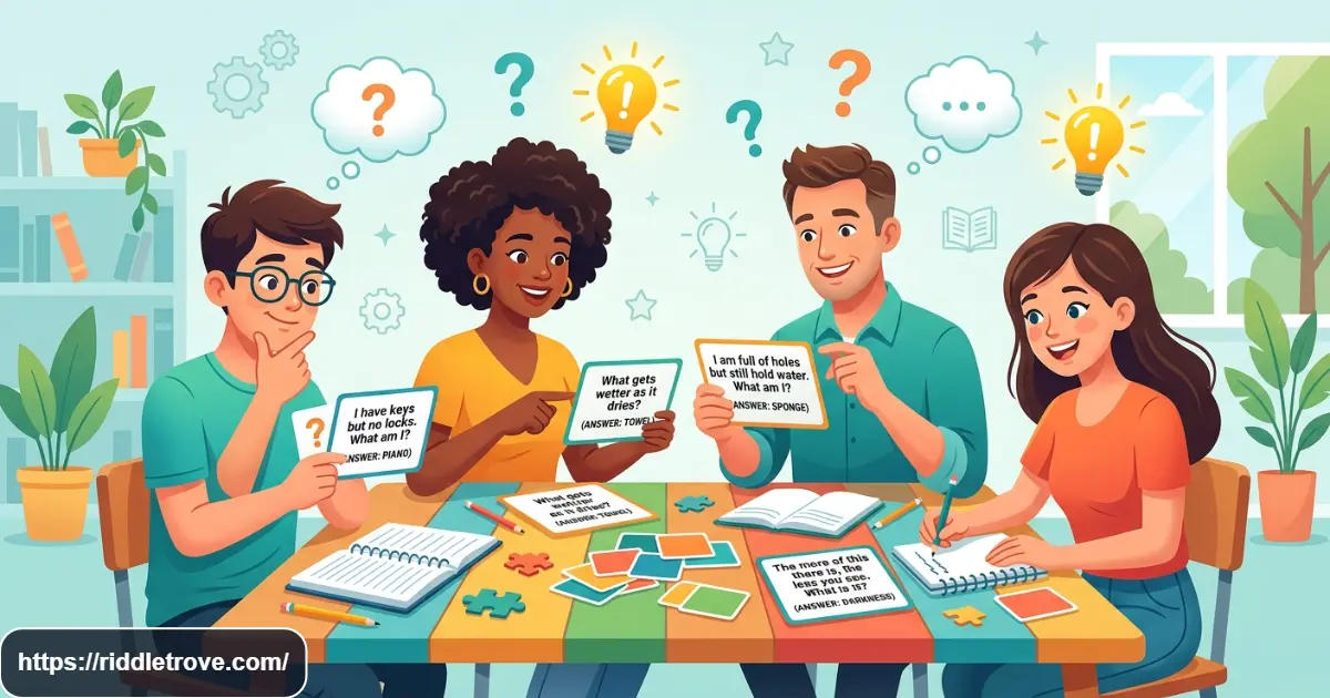 People solving short riddles with answers using colorful puzzle cards and lightbulb icons