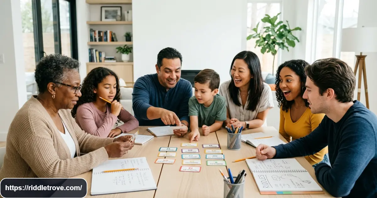 People solving short riddles together around a table