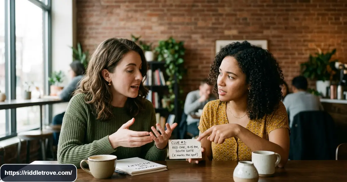 Two people discussing a puzzling question to explain the phrase riddle me that