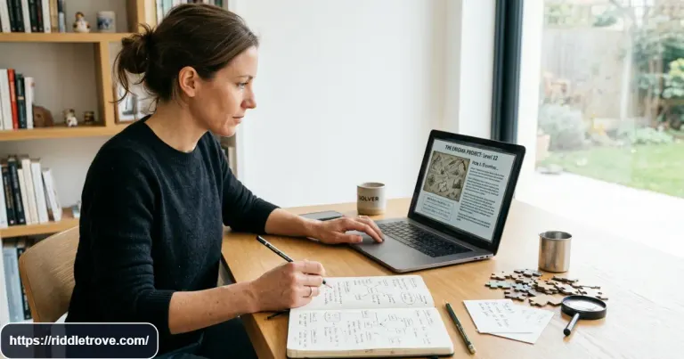 Person solving a challenging riddle on a laptop with puzzle clues nearby