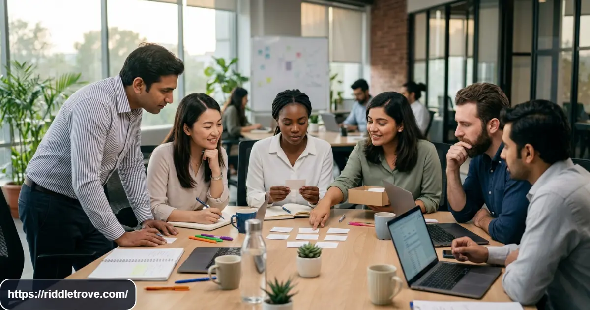 Coworkers solving riddles together during a fun workplace team activity