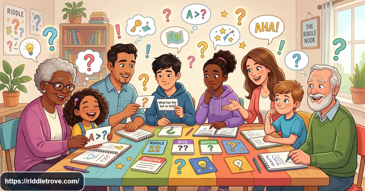 Kids, teens, and adults solving fun riddles together with puzzle cards and question marks
