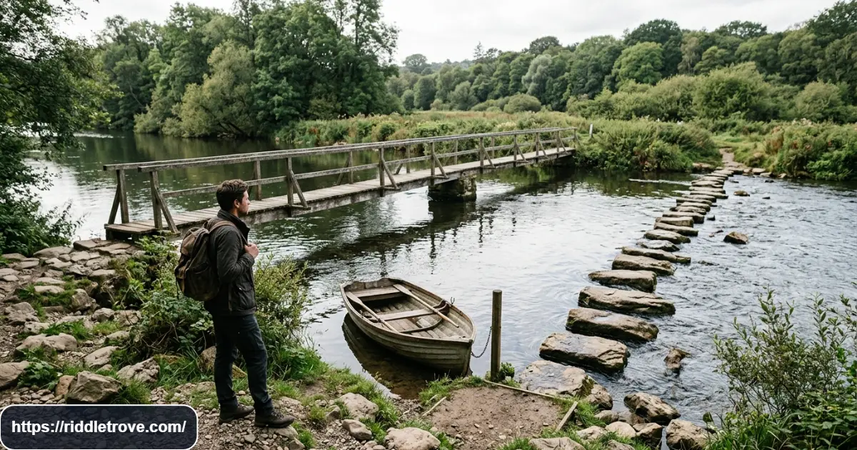 River crossing puzzle with a wooden bridge, boat, and flowing water