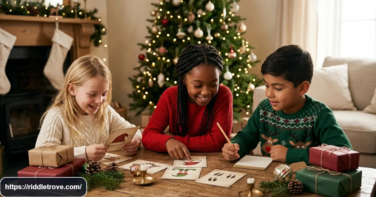Children solving Santa elf and reindeer riddles during a Christmas activity