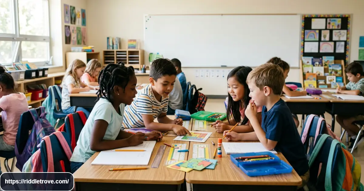 First grade students solving school-themed riddles at their classroom desks
